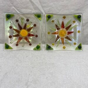 Vintage Fused Glass Sunburst Plates Iridescent Square Trinket Dish Set of 2